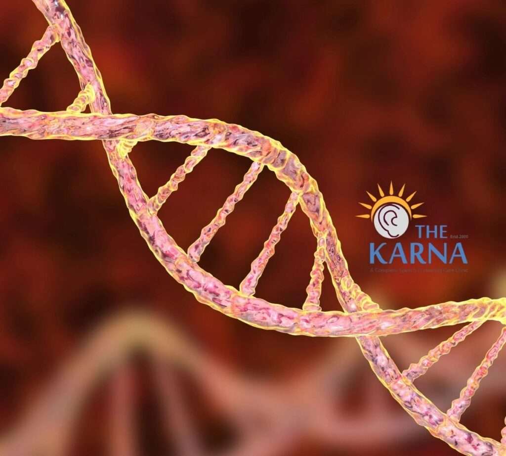 Infographic or visual explaining how genetics influence hearing loss—including syndromic and non-syndromic types, inheritance patterns (autosomal dominant, autosomal recessive, X-linked, mitochondrial), and key gene mutations like GJB2.