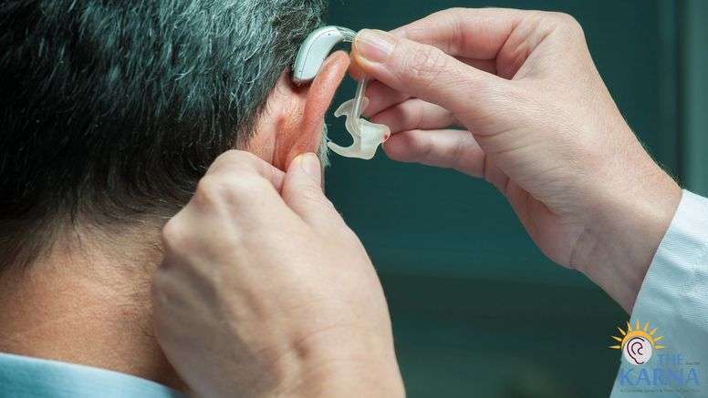 Patient undergoing hearing aid trial and fitting for optimal hearing improvement.